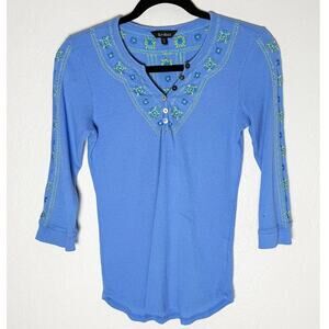 Alp N Rock Women's Ribbed Henley Top Floral Embroidery Detailing Organic Cotton